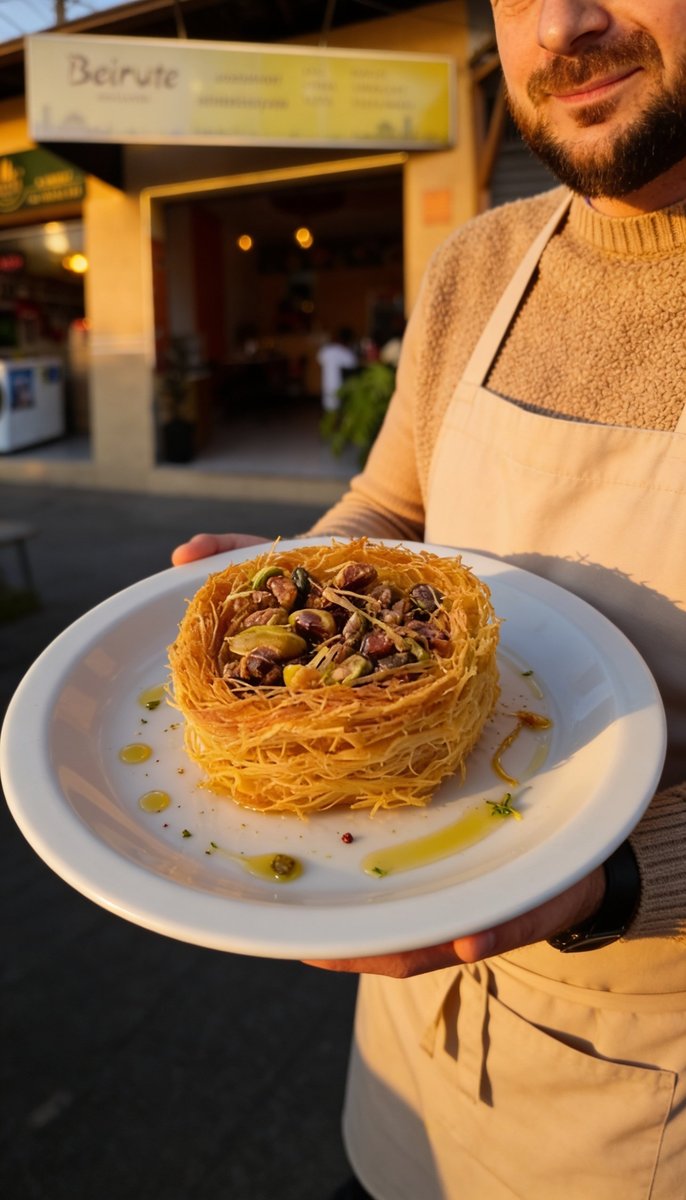 Beirute Cozinha Árabe — knafeh com pistache na fachada do restaurante